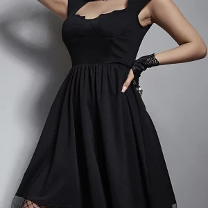 Y2K Grunge Aesthetic Black Bat Neck Sexy Dresses - Mall Gothic Punk Mesh Hem Women Alt Dress