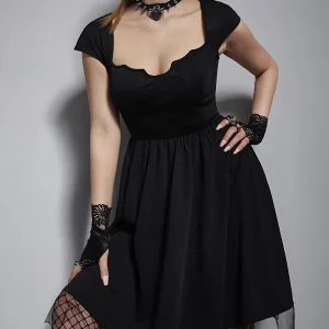 Y2K Grunge Aesthetic Black Bat Neck Sexy Dresses - Mall Gothic Punk Mesh Hem Women Alt Dress