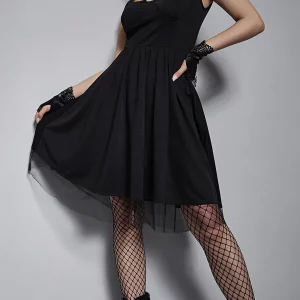 Y2K Grunge Aesthetic Black Bat Neck Sexy Dresses - Mall Gothic Punk Mesh Hem Women Alt Dress