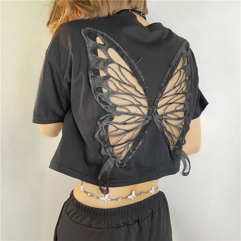 Y2K Grunge Aesthetic Butterfly Crop Top - Fairycore Lace Hollow Out Tee