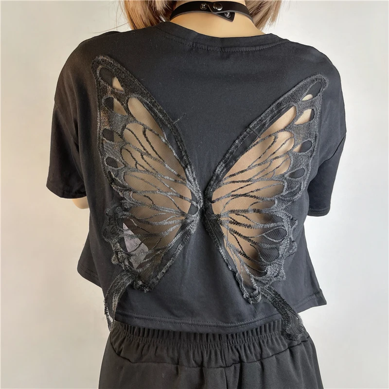 Y2K Grunge Aesthetic Butterfly Crop Top - Fairycore Lace Hollow Out Tee