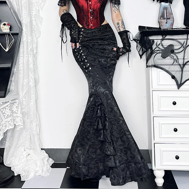 Y2K Grunge Aesthetic Gothic Bandage Trumpet Skirt - Victoria Dark Elegant Punk Women's Long Bottoms