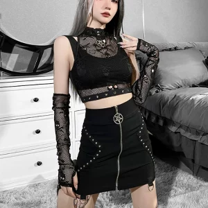 Y2K Grunge Aesthetic Gothic Women Tank Top - Dark Skull Fishnet Mall Punk Black Crop Top - E-girl Em