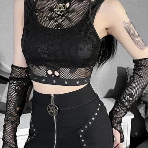 Y2K Grunge Aesthetic Gothic Women Tank Top - Dark Skull Fishnet Mall Punk Black Crop Top - E-girl Em