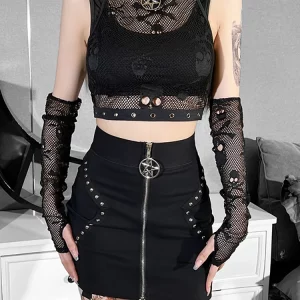 Y2K Grunge Aesthetic Gothic Women Tank Top - Dark Skull Fishnet Mall Punk Black Crop Top - E-girl Em