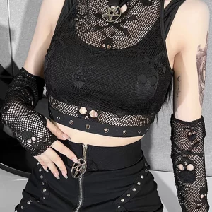 Y2K Grunge Aesthetic Gothic Women Tank Top - Dark Skull Fishnet Mall Punk Black Crop Top - E-girl Em