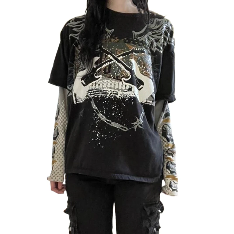 Y2K Grunge Aesthetic Graphic Print Patchwork Long Sleeve T-Shirt - Women's Gothic Streetwear