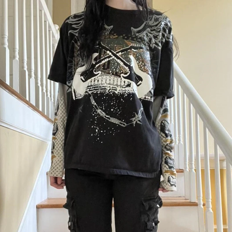 Y2K Grunge Aesthetic Graphic Print Patchwork Long Sleeve T-Shirt - Women's Gothic Streetwear