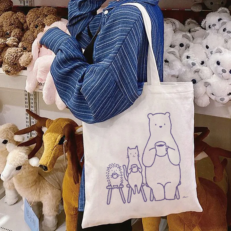 Y2K Grunge Bear Canvas Tote Bag - Casual Eco-Friendly Gothic Punk Handbag