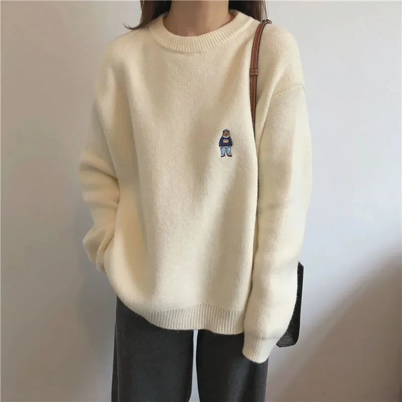 Y2K Grunge Bear Knit Sweater - Korean Autumn Fashion - Loose Fit - Long Sleeve Jumper - Preppy