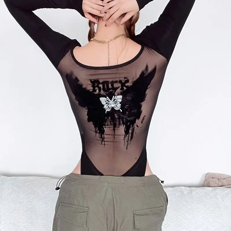 Y2K Grunge Black Lace Bodysuit - Gothic Butterfly Sexy Lingerie Club Party Outfit