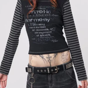 Y2K Grunge Black Long Sleeve Crop Top - Striped Letter Print Vintage Aesthetic Fairycore Retro Tee