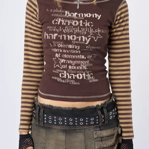 Y2K Grunge Black Long Sleeve Crop Top - Striped Letter Print Vintage Aesthetic Fairycore Retro Tee