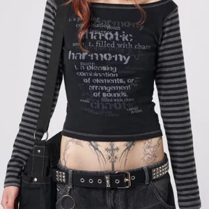 Y2K Grunge Black Long Sleeve Crop Top - Striped Letter Print Vintage Aesthetic Fairycore Retro Tee