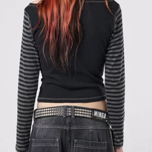 Y2K Grunge Black Long Sleeve Crop Top - Striped Letter Print Vintage Aesthetic Fairycore Retro Tee