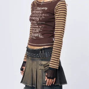 Y2K Grunge Black Long Sleeve Crop Top - Striped Letter Print Vintage Aesthetic Fairycore Retro Tee