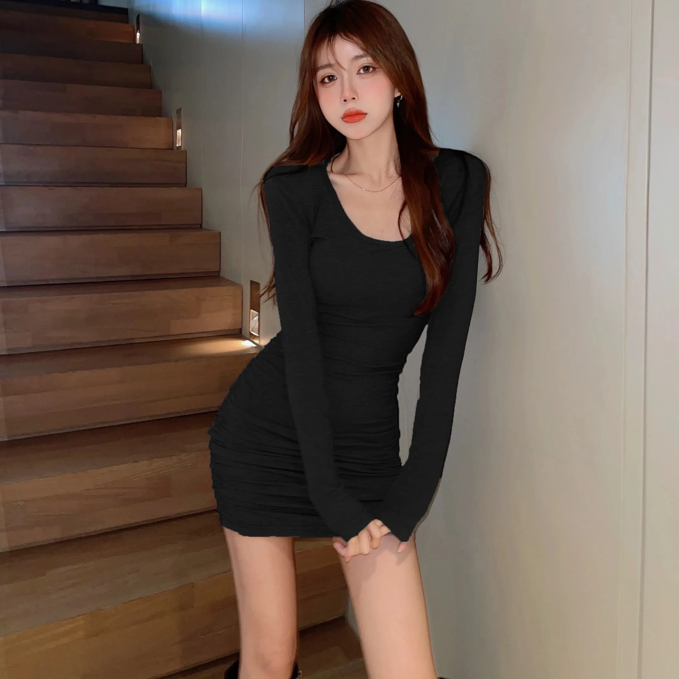 Y2K Grunge Black Mini Dress - Long Sleeve Tight Fit Sweater Skirt