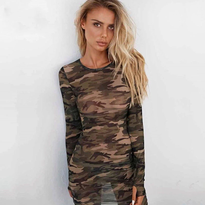 Y2K Grunge Camo Mesh Dress - Evening Party Outfit