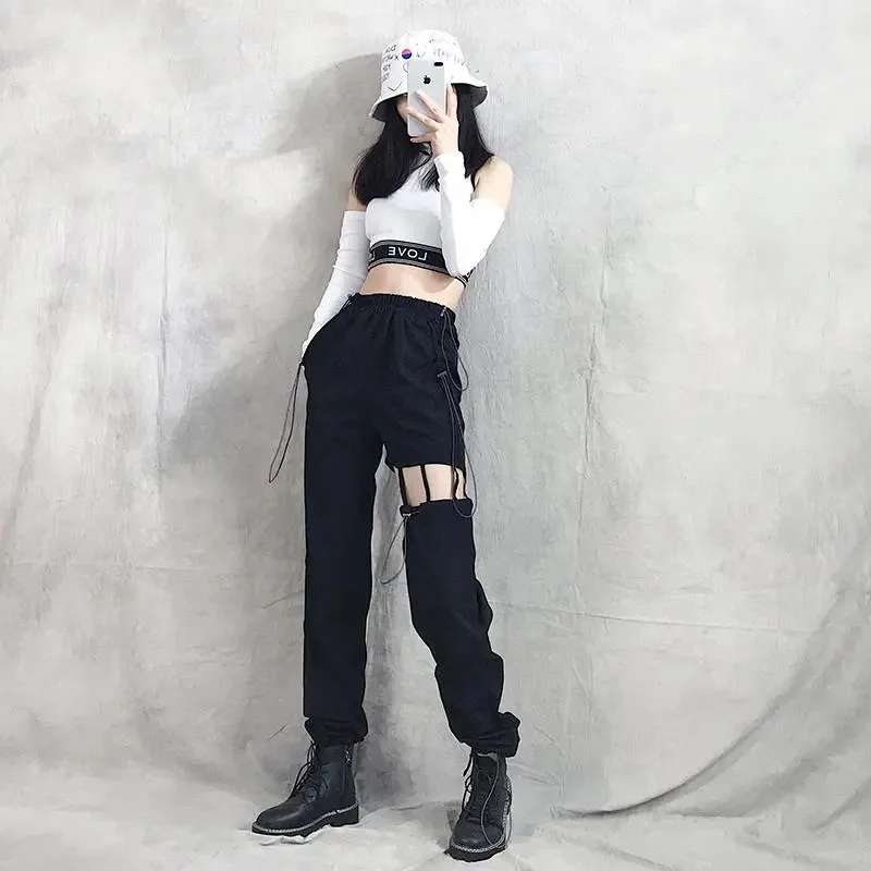 Y2K Grunge Cargo Pants: Women's Hip Hop Harajuku Black Loose Straight Trousers