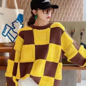 Y2K Grunge Check Sweater - Women's Casual Loose Knit Pullover