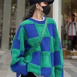 Y2K Grunge Check Sweater - Women's Casual Loose Knit Pullover