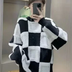 Y2K Grunge Check Sweater - Women's Casual Loose Knit Pullover