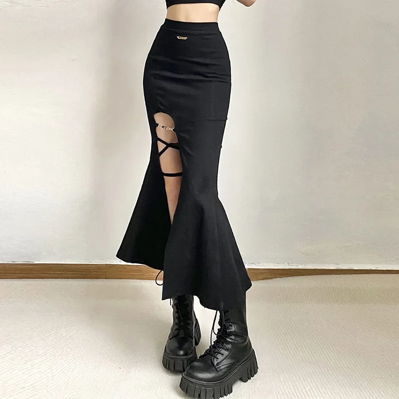 Y2K Grunge Chic Black Flared Skirt - Trendy Mysterious All-Match