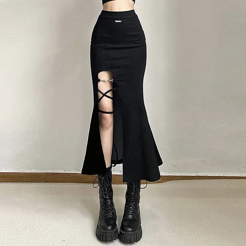 Y2K Grunge Chic Black Flared Skirt - Trendy Mysterious All-Match