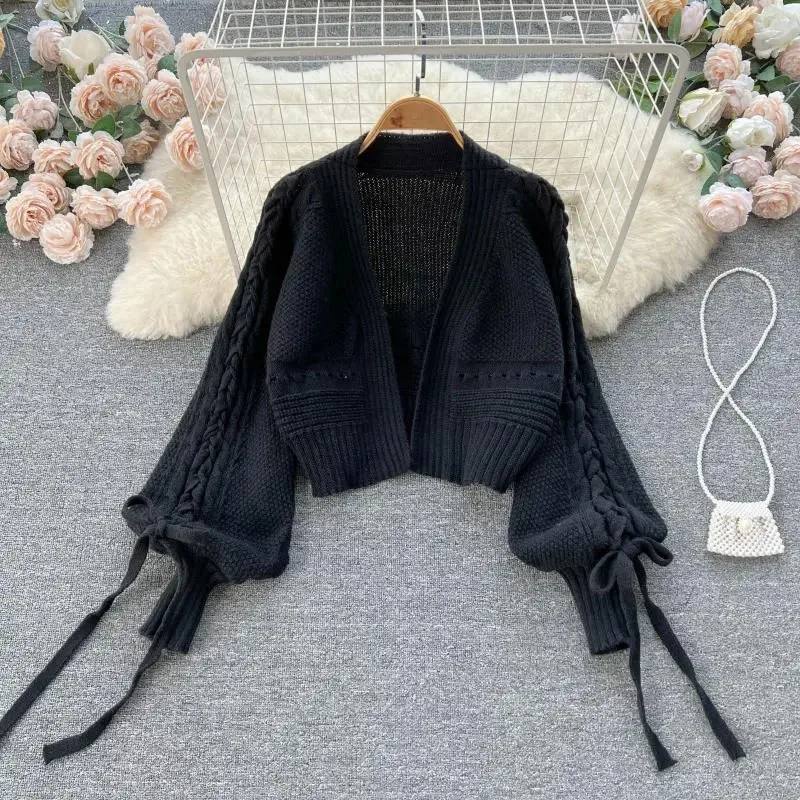 Y2K Grunge Chic Knitted Crop Cardigan - Retro Style Lantern Sleeve Sweater