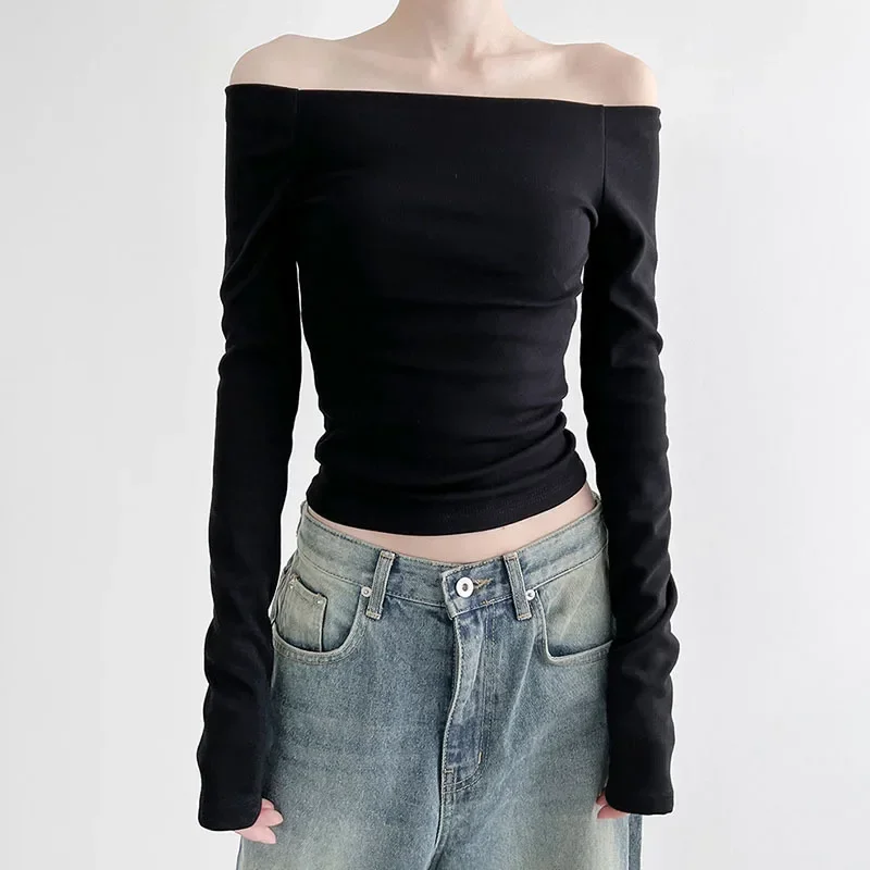 Y2K Grunge Chic Long Sleeve Crop Top - Retro Black Slash Neck Shirt