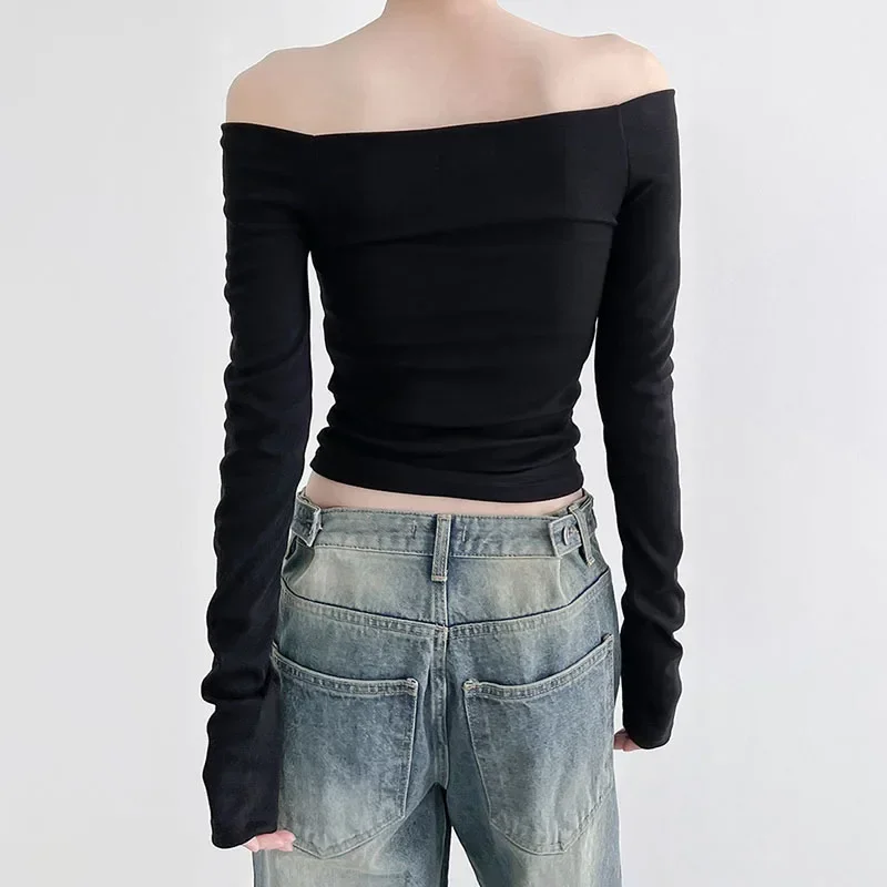 Y2K Grunge Chic Long Sleeve Crop Top - Retro Black Slash Neck Shirt