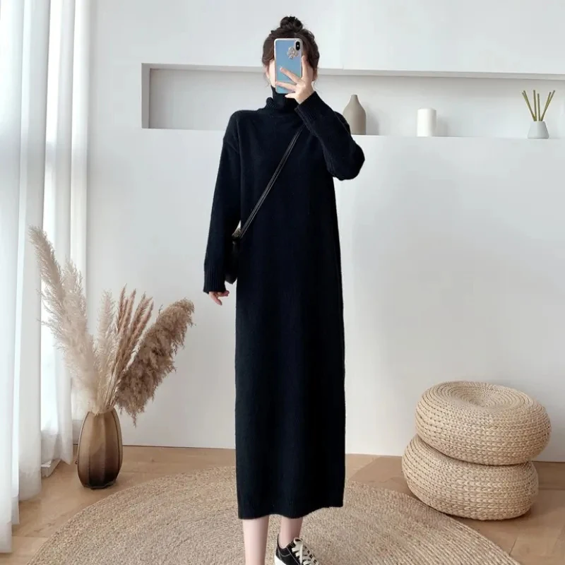 Y2K Grunge Chic Turtleneck Knit Dress - Side Slit Ankle-Length - Retro Style - Casual Fashion