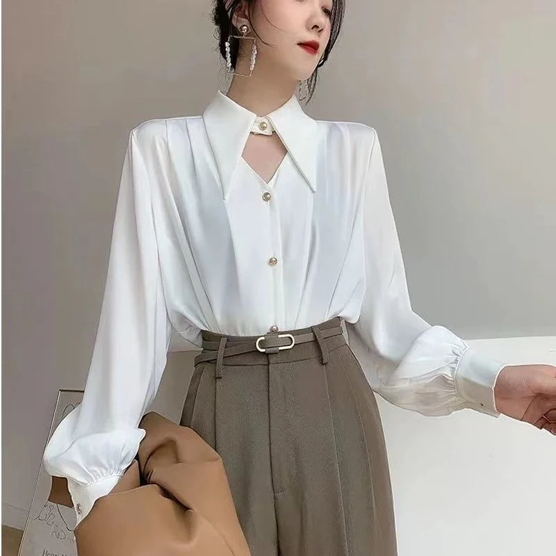 Y2K Grunge Chiffon Blouse: Loose Fit Turn Down Collar Top for Women