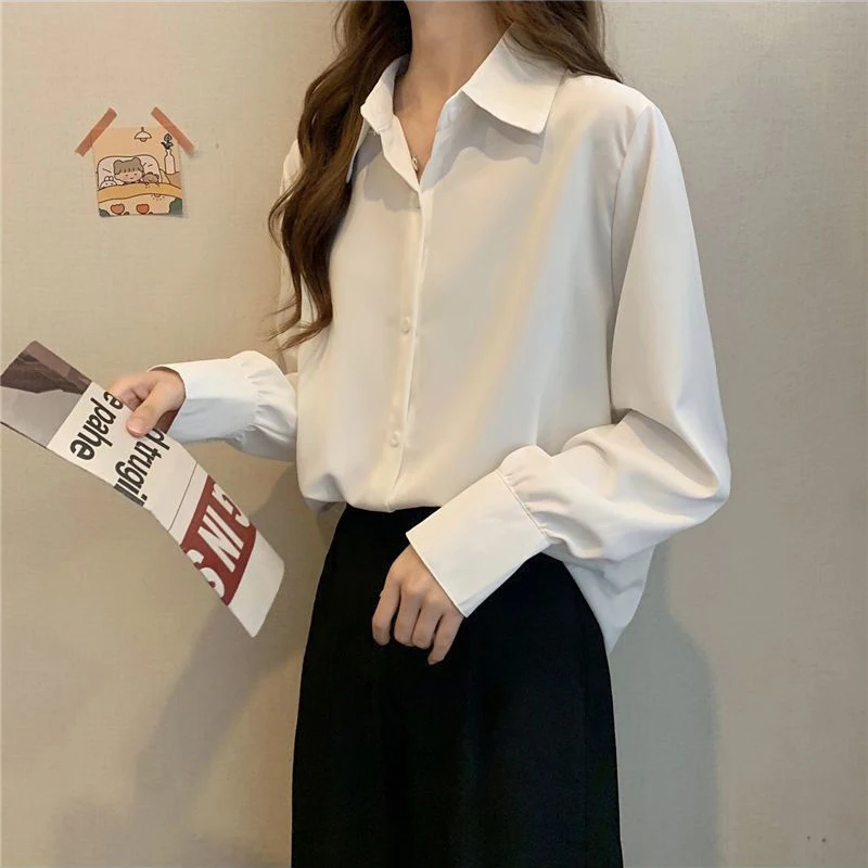 Y2K Grunge Chiffon White Shirt - Korean Fashion Loose Fit Long Sleeve Top