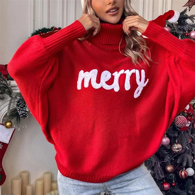 Y2K Grunge Christmas Sweater Turtleneck Embroidered Pullover - Streetwear