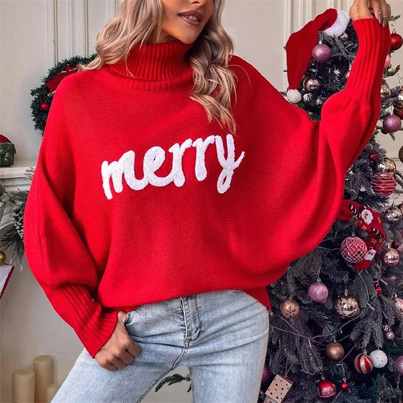 Y2K Grunge Christmas Sweater Turtleneck Embroidered Pullover - Streetwear