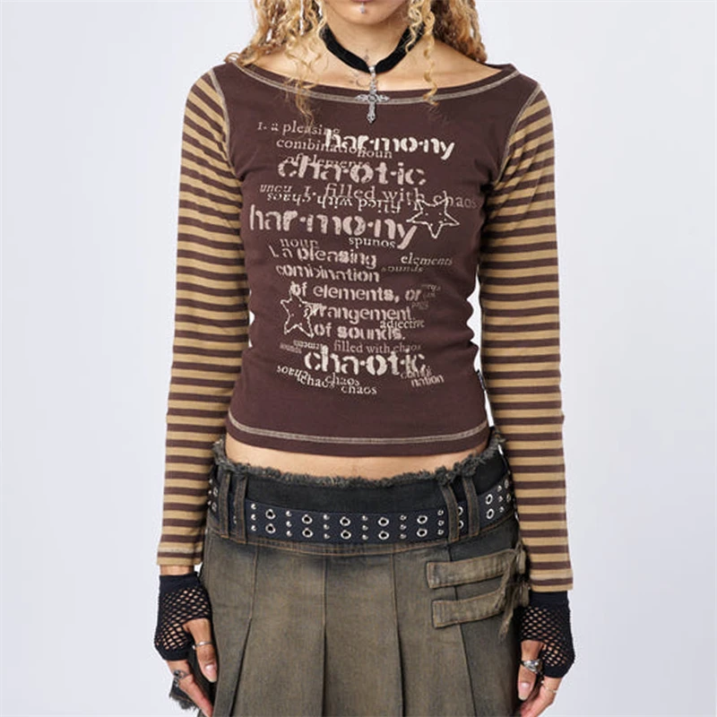 Y2K Grunge Crop Top: Letter Print Contrast Color Long Sleeve T-Shirt