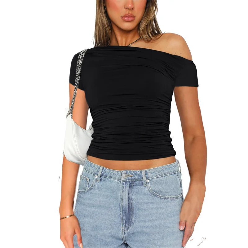 Y2K Grunge Crop Top: Oblique Shoulder Ruched Sleeveless T-Shirt