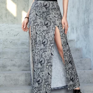 Y2K Grunge Crow Print Gothic Midi Skirt - High Waist Split Punk Fashion