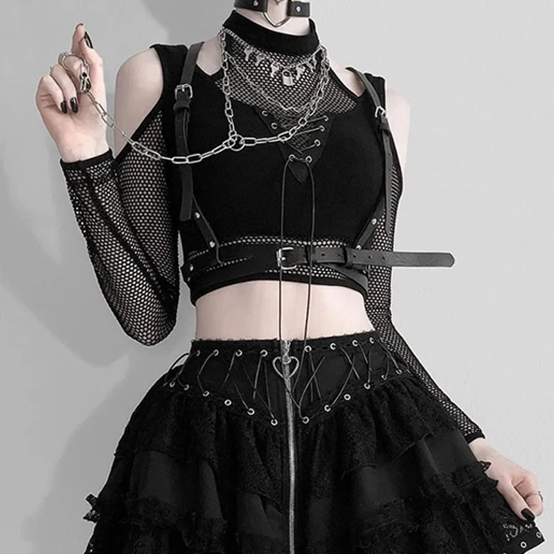 Y2K Grunge Dark Techwear Fishnet Halter Crop Top - Gothic Punk Alt Fashion