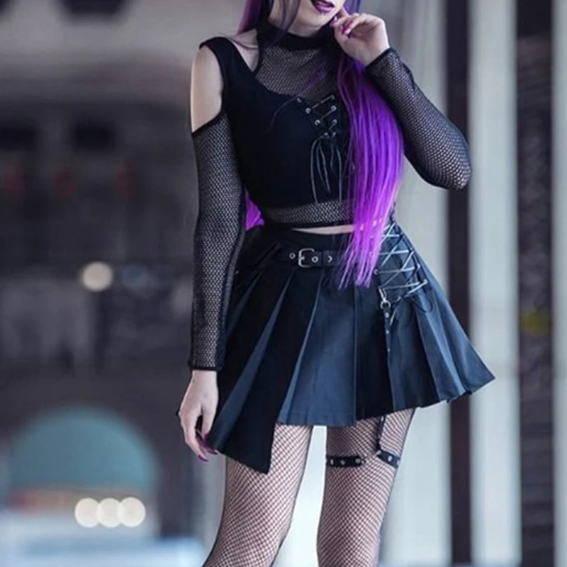 Y2K Grunge Dark Techwear Fishnet Halter Crop Top - Gothic Punk Alt Fashion