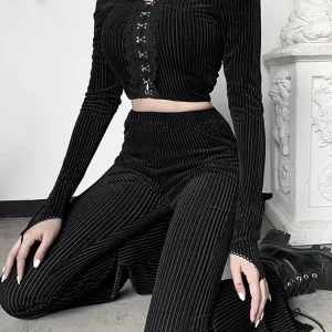 Y2K Grunge Dark Vintage Streetwear Flare Pants - Harajuku Aesthetic Emo Gothic Alt Clothes