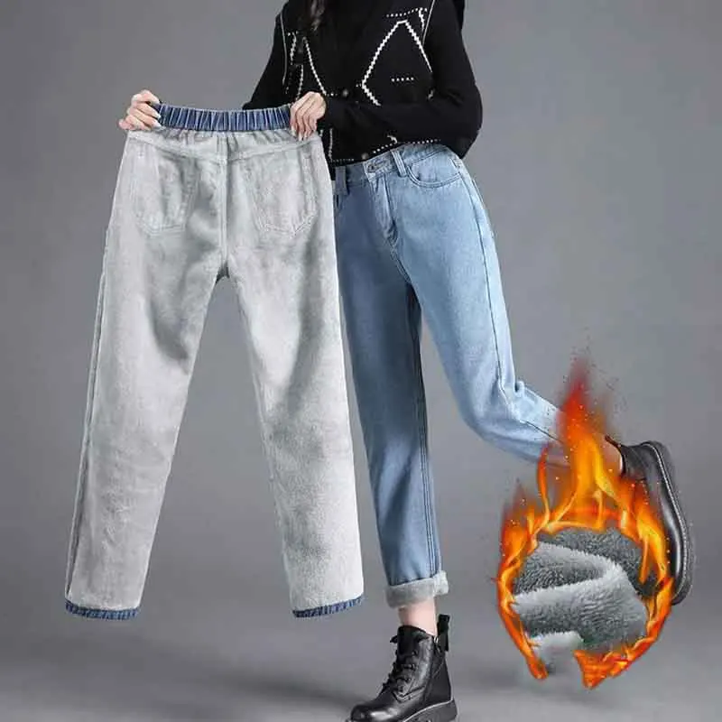 Y2K Grunge Denim Jeans - High Waist Fleece-Lined Ankle-Length Trousers