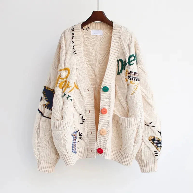 Y2K Grunge Embroidered Cardigan - Loose Fit Knit Sweater