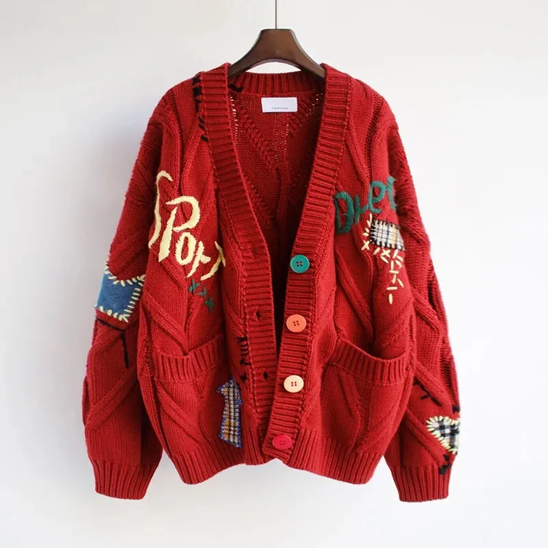 Y2K Grunge Embroidered Cardigan - Loose Fit Knit Sweater