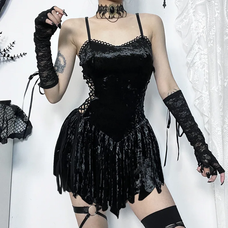 Y2K Grunge Fairy Bandage Velvet Mini Dress - Gothic Punk Party Sling Slim Alt Clothing