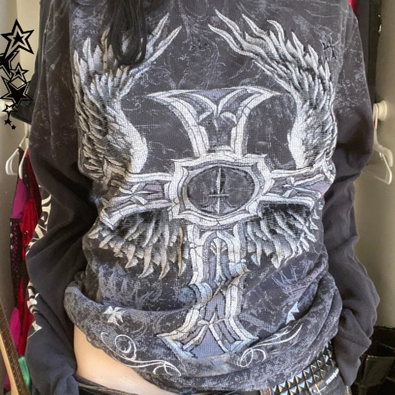 Y2K Grunge Fairycore Graphic T-Shirt with Cross Wings Print - Cyber Streetwear