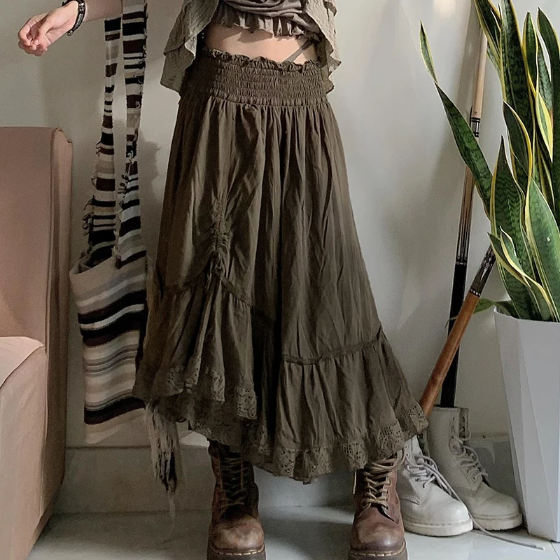 Y2K Grunge Fairycore Midi Skirt - Printed A-Line Split Long Skirt - Harajuku Fall Winter Retro