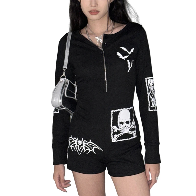 Y2K Grunge Fairycore Skull Print Playsuit - O Neck Long Sleeve Romper