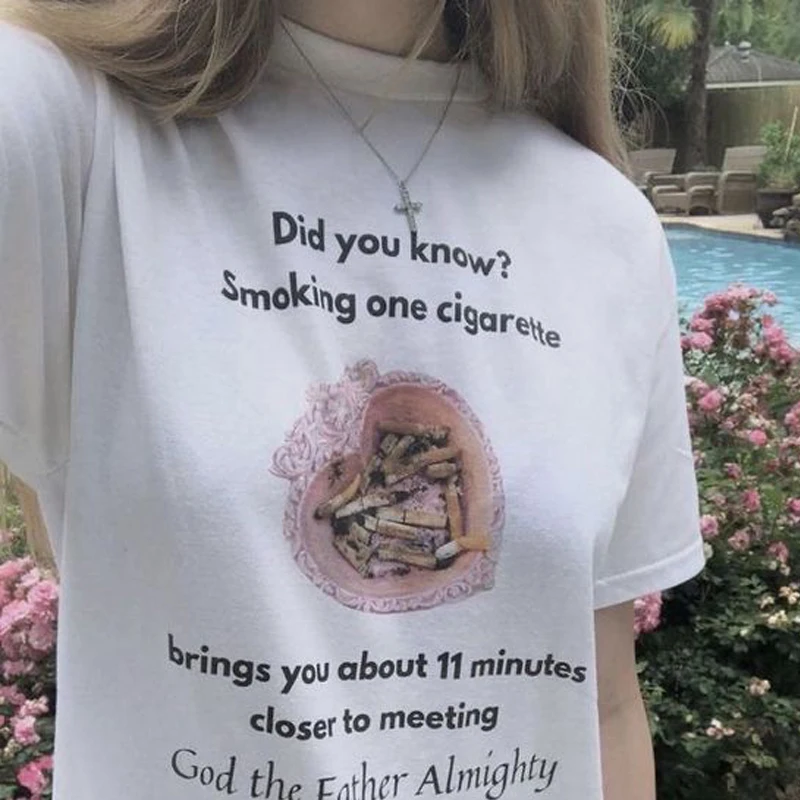 Y2K Grunge Fashion Graphic Tee - Smoking Cigarette Women Meme Shirt